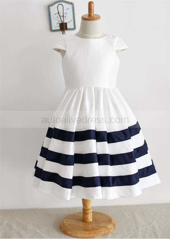 Ivory Navy Blue Taffeta Stripes Knee Length Flower Girl Dress